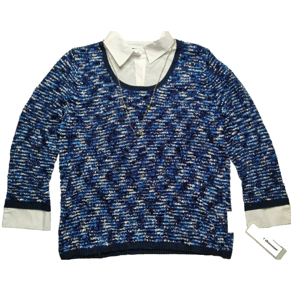 Alfred Dunner Women Small Hunter Mountain Blue Sweater Woven Cuff‎ & Collar NEW